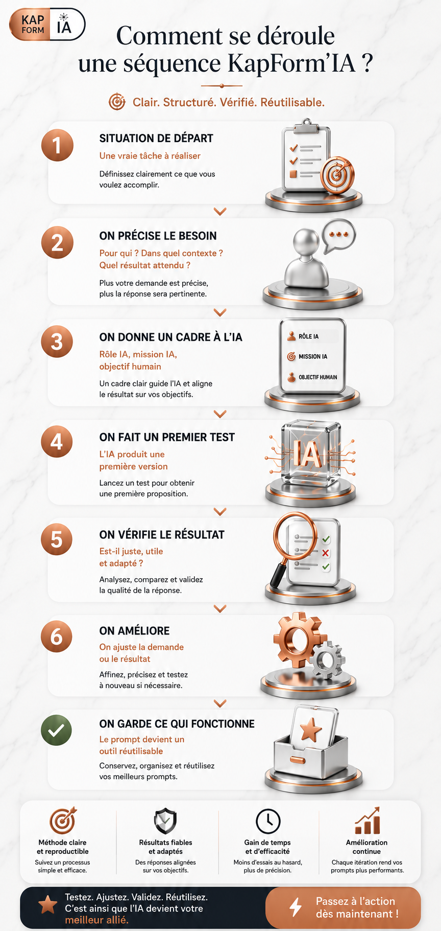 Comment se déroule une séquence KapForm’IA ? Infographie KapForm’IA présentant une séquence en six étapes : partir d’une tâche réelle, préciser le besoin, cadrer l’IA, tester, vérifier, améliorer puis conserver le prompt réutilisable.