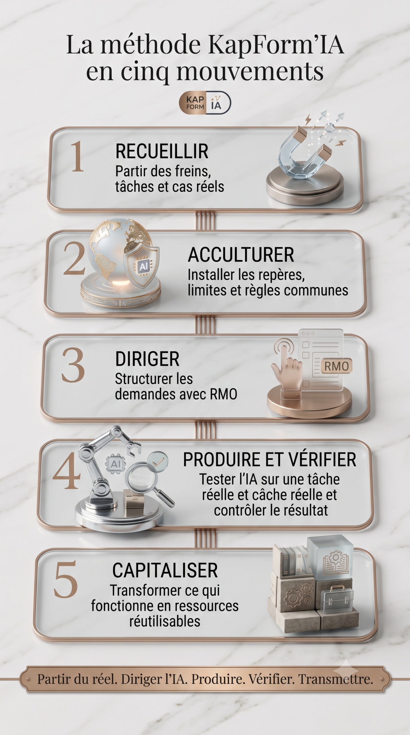 La méthode KapForm’IA en cinq étapes Méthode KapForm’IA en cinq étapes : recueillir les besoins, acculturer à l’IA, diriger les demandes, produire et vérifier, puis capitaliser. version mobile