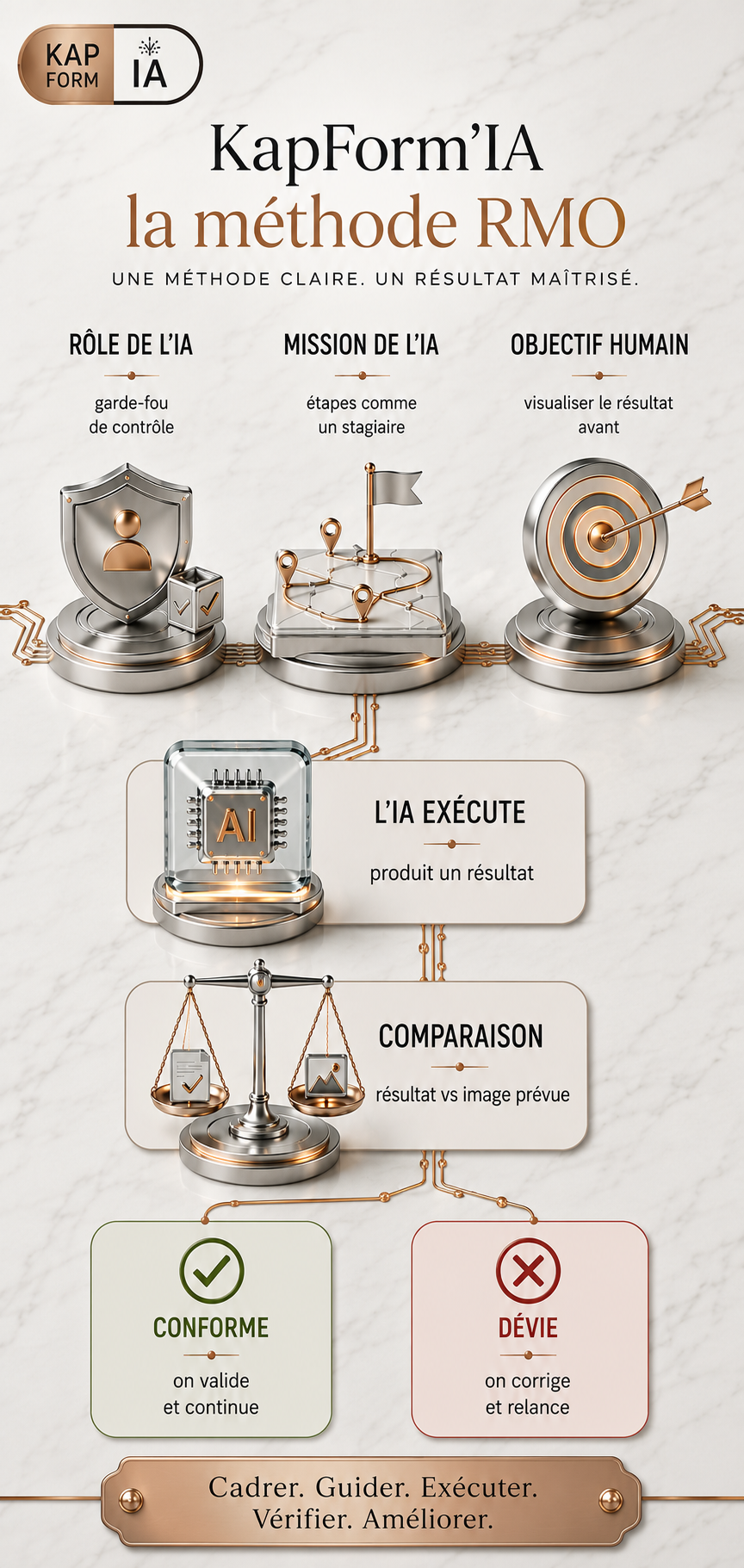 KapForm’IA — La méthode RMO pour contrôler et vérifier les résultats de l’IA Infographie verticale KapForm’IA présentant la méthode RMO : rôle de l’IA, mission de l’IA, objectif humain, exécution, comparaison du résultat,